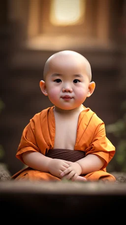 A 3-year-old monk boy with round cheeks, sitting, looking at the camera, monk costume, cute and cute, masterpiece, high quality, highly detailed.