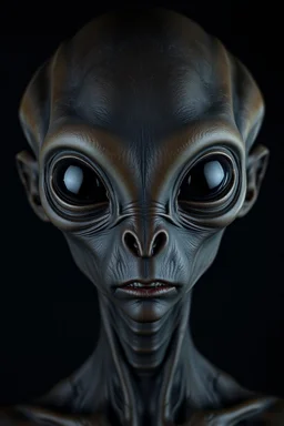 upper body shot of a super black skin alien, full head, 40 years old, looking at the camera, super big head, super big black eyes, small mouth, no ears, total black skin. photo real, hyperrealistic, high dynamic range, rich colors, lifelike textures, 8K UHD, high color depth. neutral dark background.