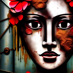 an abstract painting of rusted metal and flowers, Geisha portrait, rust, scaffolding, iron cladding, decay, mixed media, textured, anatomically correct, beautiful perfect face, sharp focus, highly detailed