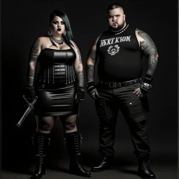 Picture of a photrealistic, lifelike,young 33 year old chubby extreme tatood girl with big scary knifes in her hands and a 25 years old boy, dressed in gothpunk clothing and boots,