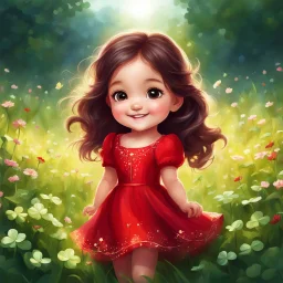 Adorable digital painting of a cute little girl in a gorgeous red dress smiling in a field surrounded by clover, front view, cute chibi face, glowing eyes, long dark hair, high quality