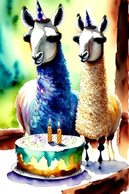 Two lamas are having a birthday cake. Watercolour