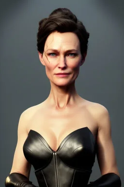 Robin Wright as evil queen in black leather, busty, cleavage, curvy, Claire Underwood, angry, stern look. character design by cory loftis, fenghua zhong, ryohei hase, ismail inceoglu and ruan jia. unreal engine 5, artistic lighting, highly detailed, photorealistic, fantasy