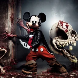 Rotting corpse zombie who is mickey mouse smiling, evil, arms forward like a mummy, fangs, sharp focus, ears, boots