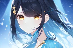 A beautifully detailed digital portrait of one women with a dreamy demeanour, featuring black hair with stars as hair clips, sparkly golden eyes, The women is wearing a detailed yellow and light blue dress of delicate fabric and soft colours, adorned with patterns and accessories. close-up. light blue, white, starry night sky
