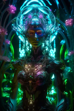 Princess in a dress, filigreed flowers, molten transparent glass and crystal in a magical neon forest, light elements, detailed leaves, cyberpunk flickers in the petals, light botanical, cyber art, art bionicle, cyberpunk style, 16k, 100mm lens, f/8, symmetry