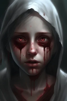 A horror digital realism portrait of a praying blind girl with gloomy eyes and bleeding mouth