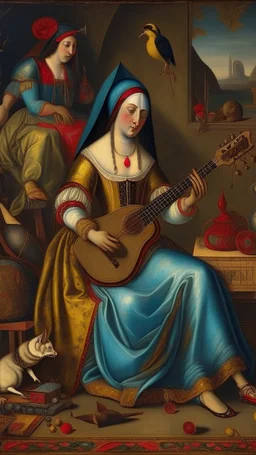 Bosch painting style, beautiful Cleopatra playing the guitar