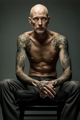 a full body display of a beautiful man with cancer, his skin composed of cancer shaped cells, they cover his entire body like a tattoo, symbolic for wearing his illness on the outside, no hair, in a dramatic pose in a photo studio, he sits with his face slightly hidden as he is shamed, lighting with focus on skin, ultra photo realistic, 32k, highly detailed,. selective colors