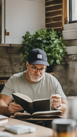 A man wearing a white Dad Hat, glasses, and reading