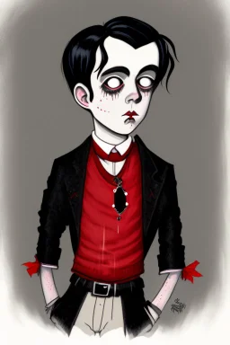 black haired red eyed young man wereratwith gothic jewelry in the style of charles addams