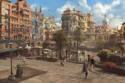 Square on sea +Colourful city+old lamp+Bar and garden on High Bridges across Skyscraper river+canals+Gothic village+European Metropolis on sea+naples alley+Torino square+trieste canals+victorian London+decòpunk Skyscraper+ +steampunk+biopunk+alphonse mucha, greg rutkowski, matte painting, cryengine, hyper detailed, felix kelly, fantasy art, seb mckinnon