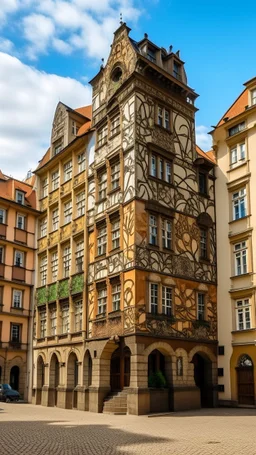 A brown city with blocky buildings designed in German folk art painted by Pablo Picasso
