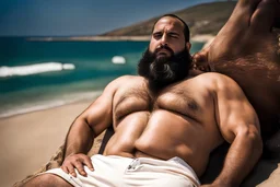 full figure shot photography of a tired strong muscular chubby burly 36 years old ugly arab carpenter, big nose, bullneck, long beard, short hair, shirtless, manly chest, white shorts, bulge, emotive eyes , lying down relaxed belly up, on the beach in the sun, big shoulders, side light, sweat and wet, top view, aerial view