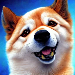 a close up of a dog on a blue background, a digital painting, by Sengai, deviantart contest winner, furry art, doge meme, with a happy expression, very warm colors, my computer icon, rough oil paint, satoshi, dribbble, hgrenades, shibu inu, ombre, deep lighting, derpy