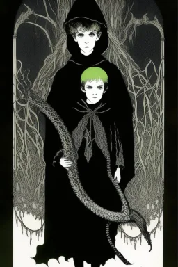 7 year old boy, necromancer, friendly, looks dead,with a lamprey serpent , wearing black robes, in the style of Harry Clarke