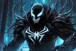 Shadow symbiote in 8k sci-art drawing style, bear them, neon ice power, ice forest, highly detailed, high details, detailed portrait, masterpiece,ultra detailed, ultra quality