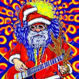 WOODSTOCK, hippie Santa playing electric guitar, psychedelic, peace sign, MUSHROOMS, TRIPPY, ACID, LSD, dreadlocks