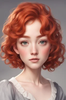 A short girl with thick short wavy red hair, narrow kind eyes with an enthusiastic look. A wide oval face is decorated with an upturned nose and small lips in the style of genshin impact, a ballerina