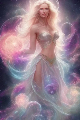 Create an image of a full body cosmic Goddess. The goddess should be depicted as a beautiful and powerful figure, surrounded by cosmic stars. Her hair should be long, blond and flowing, and she should be dressed in a flowing gown blue celestial robe. In the background, include imagery of pink flowers, blue sky,trees. The image should evoke a sense of joy, celebration, and spiritual connection to nature.