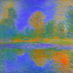 Monet Style Neon Blue and Purple winter with orange reflections