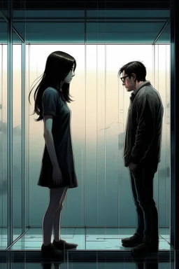 The cover of a song expresses a girl standing on a dark side and looking at a man on the other side, a bright side, but he does not see her, and they are separated by a glass wall that prevents her from crossing into it Photorealistic