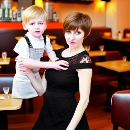 Russian guy young mommy boyish boylike short man's haircut boyish features in black girlish lacy cocktail dress as mother in restaurant