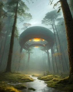 A Epic circular biomechanical fire ring portal, in middle of surreal hills, surrounded with beautiful cloud mist, huge trees with abnormal shape, oversized trees, art by Jordan Grimmer, high level of details