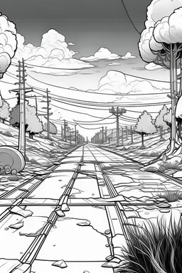 Outline art, no shading, machine on the road, cartoon style, black and white, low detail, --ar 9:11