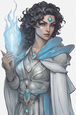 Drawing of a female Moonelf twilight cleric with black, curly, short hair and blue eyes, wearing gray robes. Etheral, muscular, beautiful.