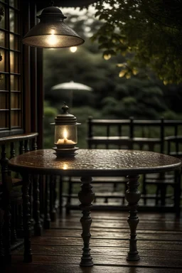 coffee on table and its raining heavily outisde, trees and old lamp