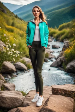 fullbody shot of young-beautiful-girl-with-a-perfect-face-with-make-up-wearing- sport pants and jacket standing ,geen hills ,nice nature environment ,wild flowers,clean water river with colorfull rocks in floor