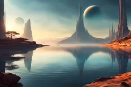 A lake, on a distant planet, reflections of a sun, a distant citi-scape of an alien civilization, peaceful, awesome