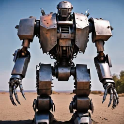 trash mech suit, human-sized, made of scrap metal, small, round chest