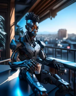 Captivating photo, 8k dark fantasy of mutant cyborg android robot man, combining black brown skin, anime, illustration, 3D rendering and concept art, sitting on a balcony, vibrant, minimalist graffiti inspired background. Drink coffee, exude an air of confidence. It fuses several iconic figures, creating unique and innovative looks. Cinematic, vibrant, dark fantasy atmosphere that is enriched by a combination of art and fashion