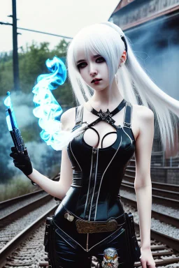 close-up gothic anime girl, white hair, tight outfit with gun on thigh, standing on a train track, smoke and fire surroundings, she is dull and dark, looks determined , train approaching behind her, poeti style