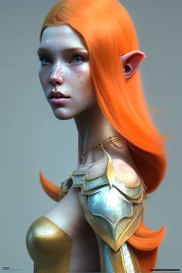 painting of a tall elven young woman with short light orange hair and freckles on the cheak bones and tall body of a topmodel light clothes, full body shot, ultra realistic, concept art, intricate details, eerie, highly detailed, photorealistic, octane render, 8 k, unreal engine. art by artgerm and greg rutkowski and charlie bowater and magali villeneuve and alphonse mucha