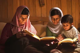 A close-up scene of an Arab mother reading the story from a book with her children around her in the room of the old wooden house near the fireplace 100 years ago.