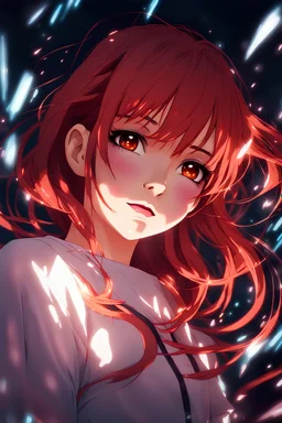 dramatic close-up portrait hologram in the realistic anime style of Mophea Fiverr, a beautiful red haired anime girl , suspended in mid-air within a mesmerizing display of a gallery, dramatic, dark and emo, mesmerizing and striking