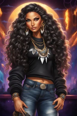 Create a digital airbrush cartoon of an native american female wearing a black jean outfit with timberland boots. Prominent make up with hazel eyes. She is wearing large diamond hoop earrings. Extremely highly detailed very long curly hair that shines. Background of a night club.