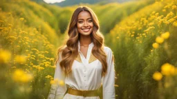 A gorgeous smiling ceylanese model with a golden skin and long smooth hair in a cosmonaut outfit with luminous strikes in a hill of flowers with 1000 y/o trees, a small torrent, loads of mini flowers, moss, sun rays through the branches, particles in the air at spring