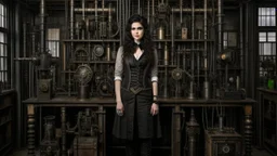 full-length portrait of a pale-faced woman with dark wavy shoulder-length hair, with detailed steampunk metal arms and legs, dressed like a Victorian, in a laboratory full of small machines