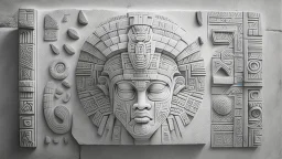 futuristic, realistic, mayan drawings on white stone