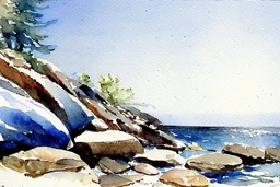 Sunny blue sky, mountains, rocks, winslow homer watercolor paintings