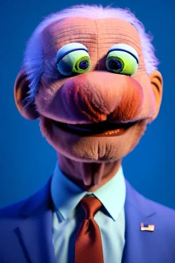 Waist up muppet Portrait, joe Biden as muppet doll, Blue suit, photo studio, blue background, unreal engine 5, concept art, art station, god lights, ray tracing, RTX, lumen lighting, ultra detail, volumetric lighting, 3d.