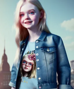 Elle fanning toddler, full body, city background, tatoo denim jacket, floral shirt, dramatic lighting