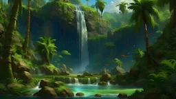 tropical jungle palms rock waterfall cambodia art 4k