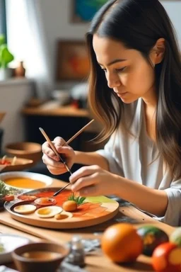 Perempuan lukis makanan di kanvas