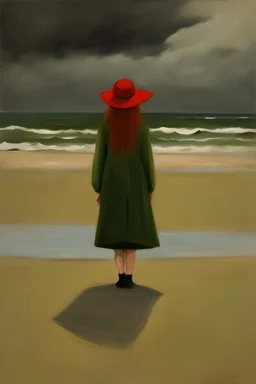 una mujer de perramus largo y verde, un sombrero verde y largo cabello rojo parada en una playa desierta en un dia nublado con un cielo de nubes negras pintura al oleo al estilos de Anne Packard