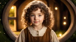 Little very young hobbit girl, beautiful, confident, calm, wise, happy, innocent, facing camera, head and shoulders, curly hair, hobbit clothing, perfect eyes, LOTR village, hobbit homes with circular windows and circular doors, night scene, stars, fireflies, 16k artistic photography, exquisite composition, photorealistic concept art, soft natural volumetric light, chiaroscuro, award-winning photograph, masterpiece, style William-Adolphe Bouguereau